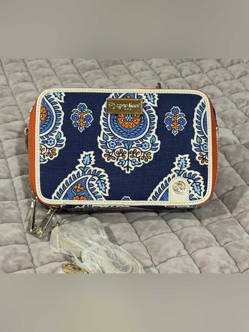 Spartina Navy Paisley Wallet Crossbody with Orange and White Accents